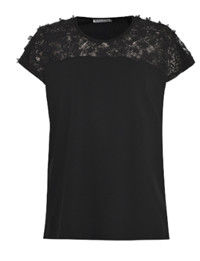 Black Flower Lace Ladies Fashion Tops Round Neck Short Sleeve For Summer